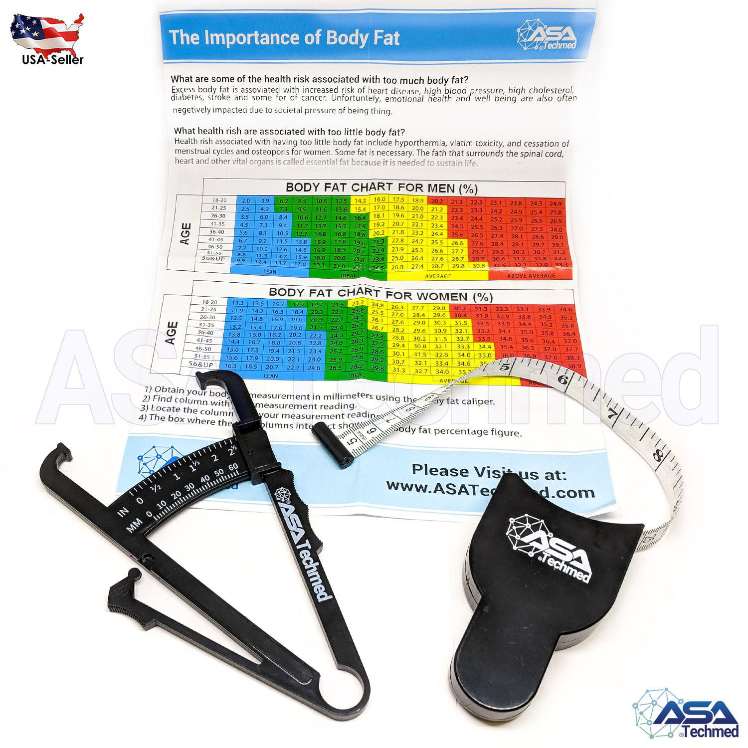Body Mass Measuring Tape Tester Fitness Weight Loss Muscle 2pc Body Fat Caliper 