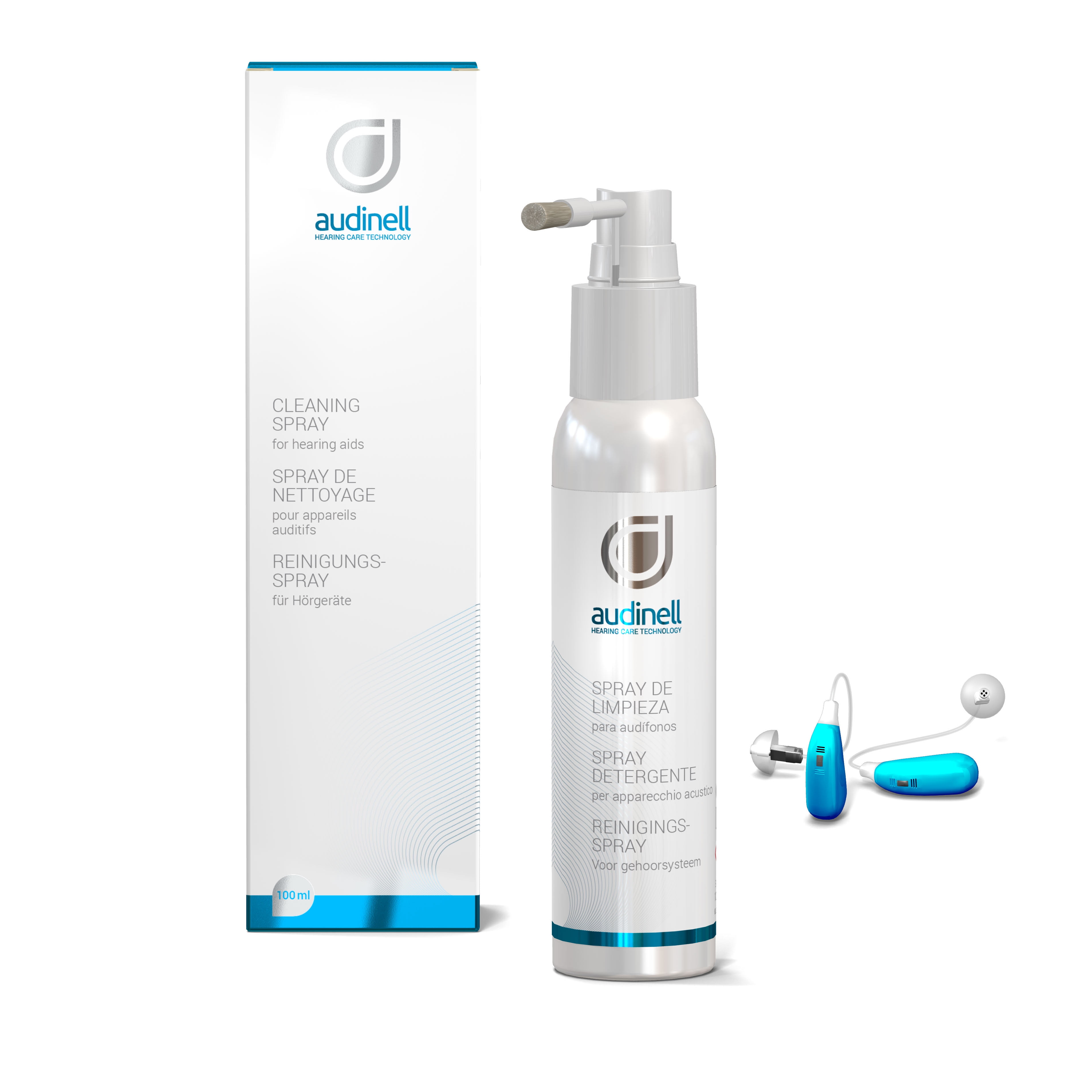 Audinell Cleaning Spray 100ml  Brush | Alcohol-Free | Dissolves, Cleans, Removes Earwax &amp;amp; Sweat from Hearing Aids, Airpods, Earbuds, Earplugs,