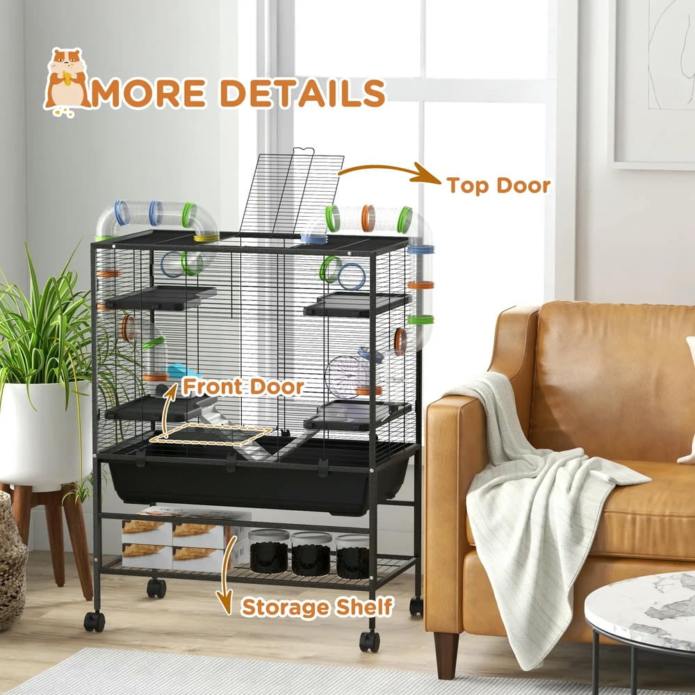 Spaco Small Animal Cage for Syrian Hamster, Gerbil Cage with Tubing System, Running Wheel, Ramps, Platforms, Black