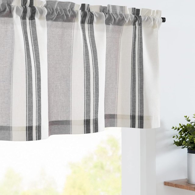 Striped Valance Farmhouse Window Treatment Linen Textured Drapes for Small Windows Kitchen Living Room RV Vintage Valance 16 Inch Rod Pocket 1 Panel Taupe and Grey on Beige Stripe