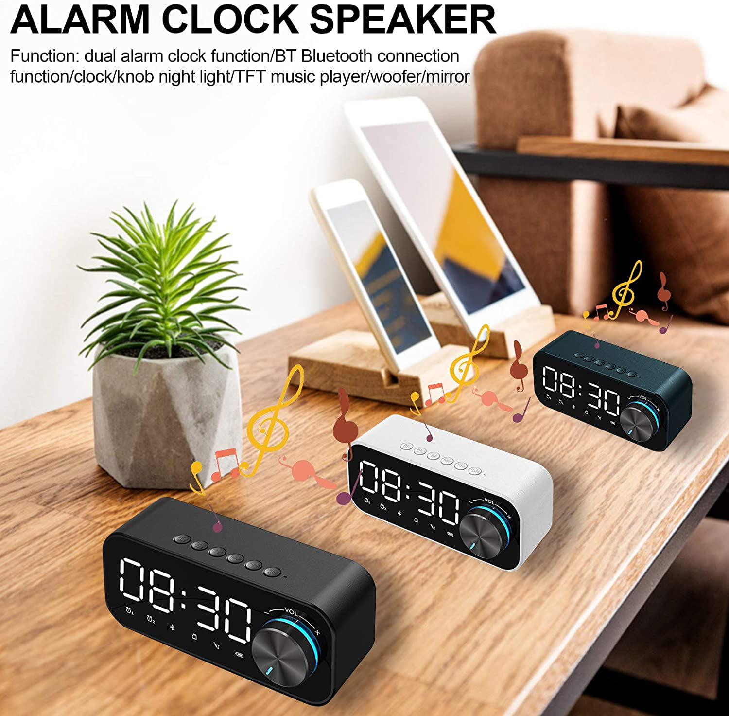 Dimmable LED Display i-box Dawn White Clock Radio with Bluetooth Speaker and Wireless Charger Dual Alarms Bedside Clock with USB Charger Snooze Qi Charger Radio Alarm Clock 