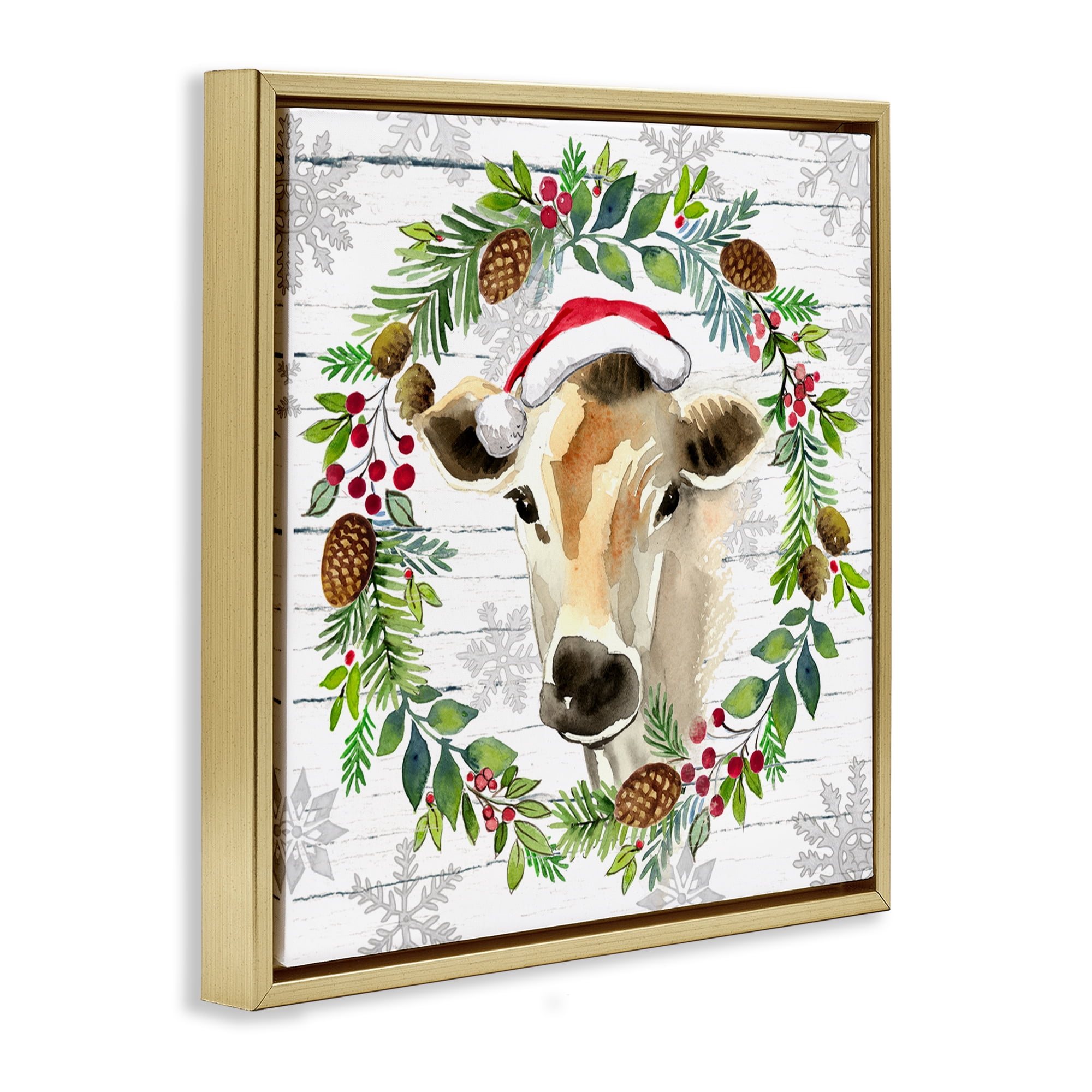 Stupell Industries Winter Farmhouse Cow Wreath Holiday Painting Gold Floater Framed Canvas Art Print Wall Art, 25 x 25