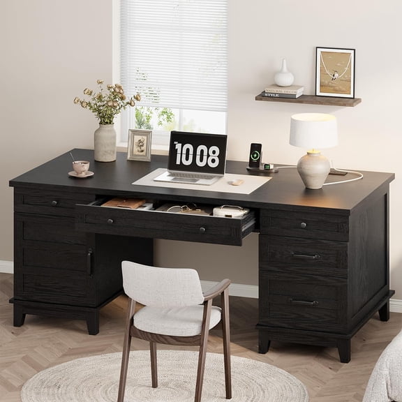 60 In Wooden Farmhouse Desk with Power Outlets Drawers and File Cabinet for Home Office Black