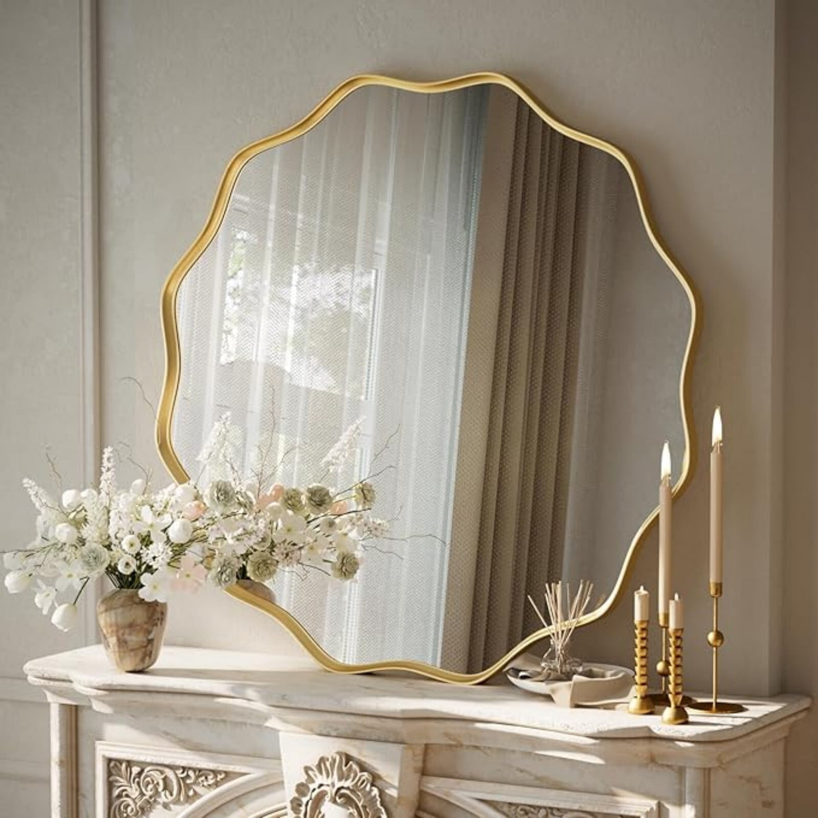 AUROMIR 30" Wavy Round Bathroom Mirror Wall Mounted Mirror Vanity Mirror with Metal Frame, Gold