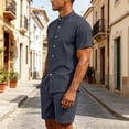 thumbnail image 5 of LTTVQM Men Comfort Solid Color Cotton Linen Stand Collar Top Relax Fit Drawcord Waist Short Pants Summer Casual Home Outfit Set Dark Gray L, 5 of 6