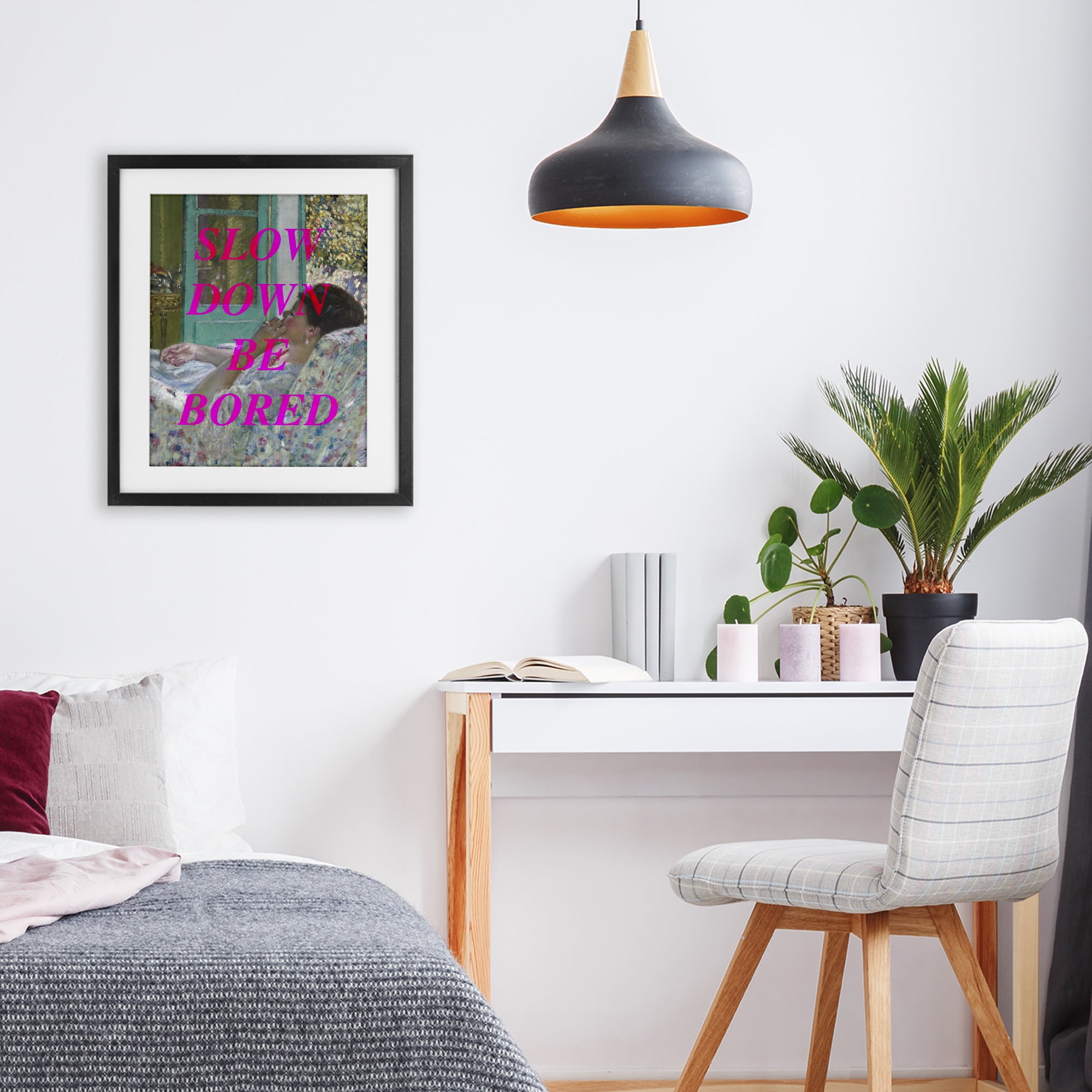 Slow Down Be Bored Classic Black Framed Print Under Glass, design by Lil' Rue