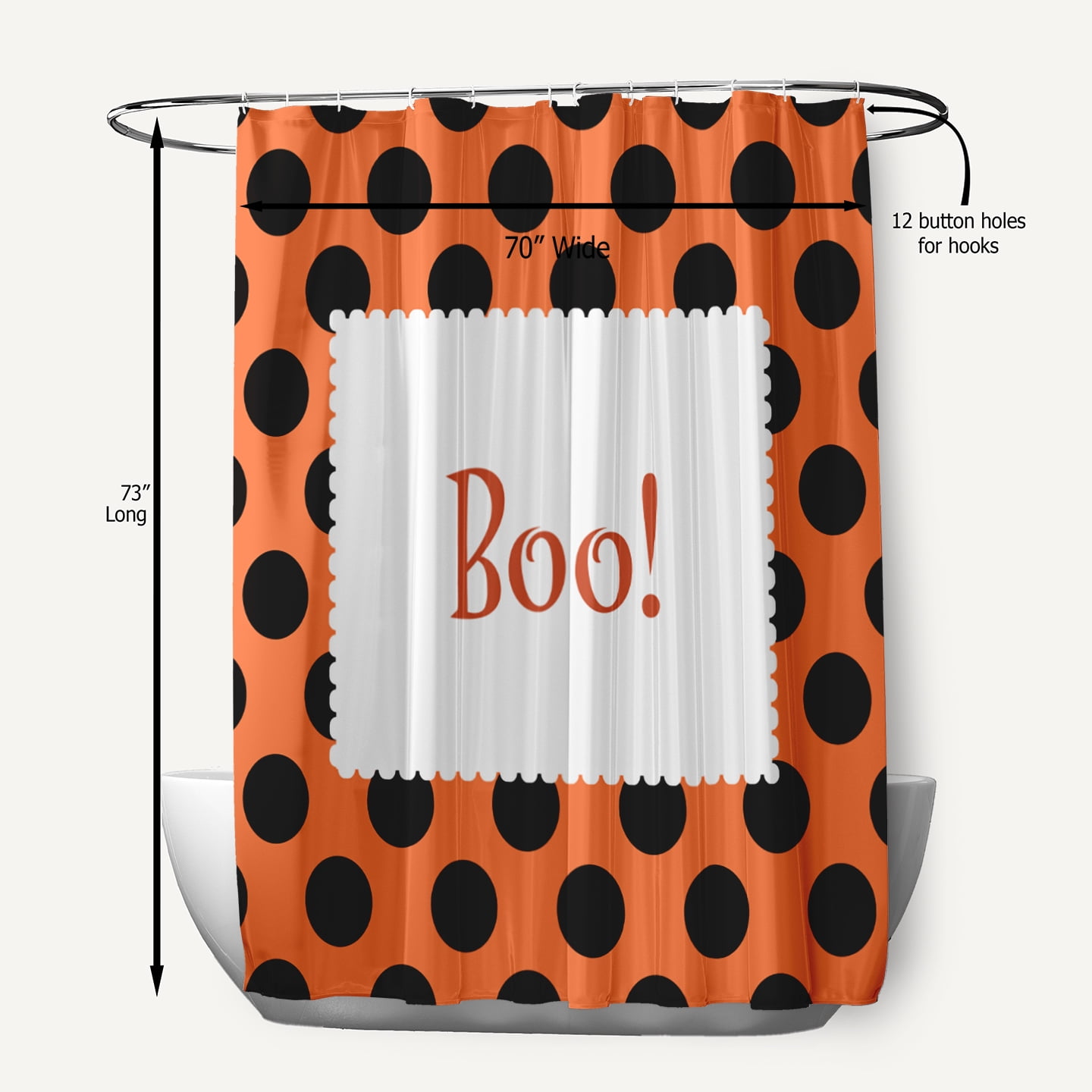 Simply Daisy 70" W x 73" L Halloween Boo Dots Polyester Shower Curtain, Traditional Orange [1 Ct]