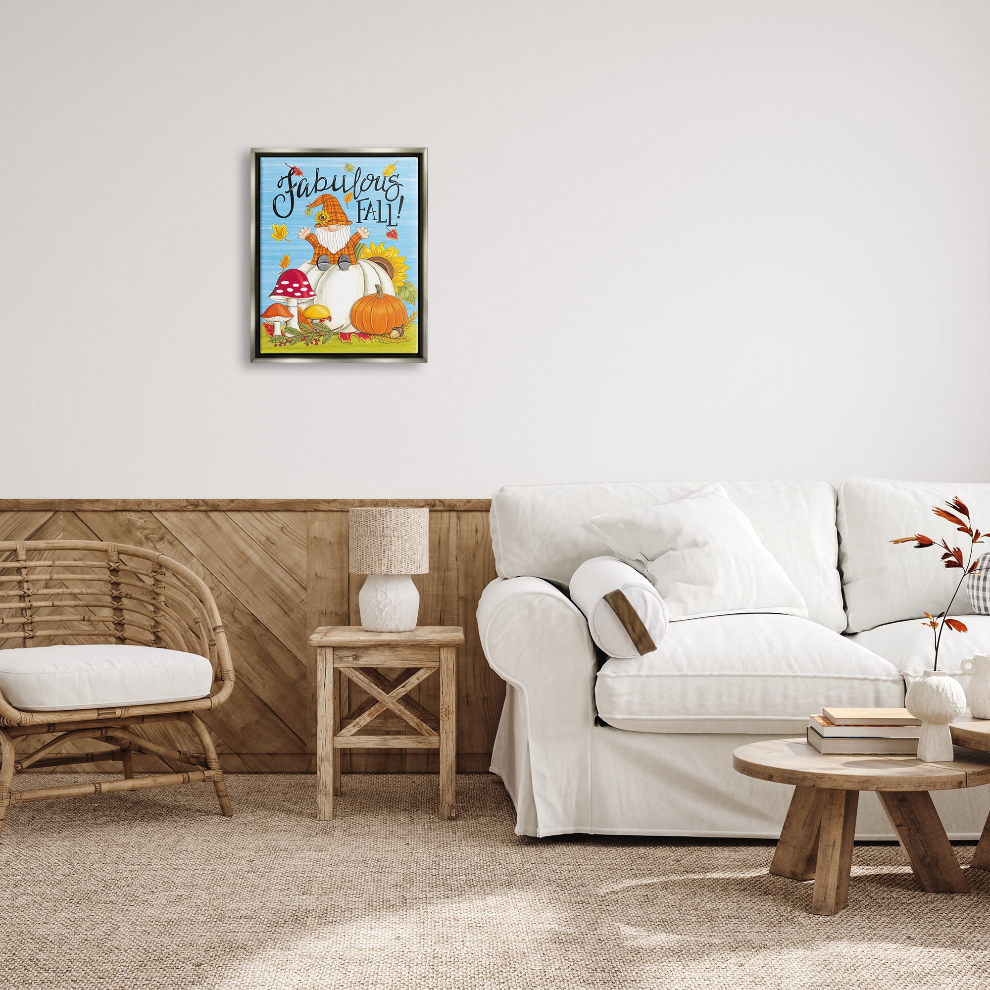 Stupell Industries Fabulous Fall Gnome Holiday Painting Gray Floater Framed Art Print Wall Art, 17 x 21