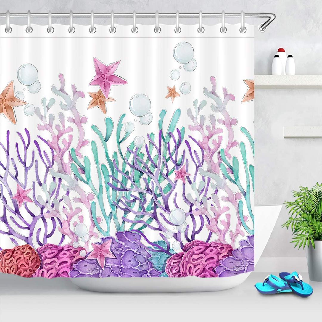 Underwater Coral Shower Curtain, Colorful Coral Reefs and Starfish