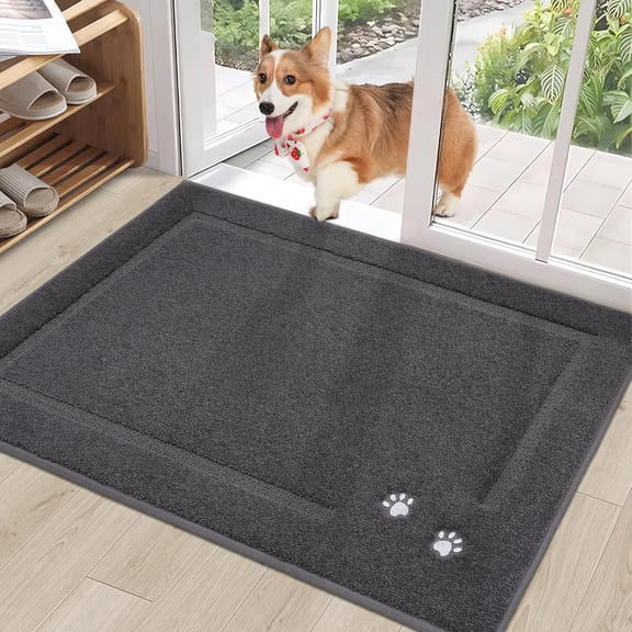 Dog Door Mat for Muddy Paws 32"x48" Dirt Trapper Absorbent Doormat Non Slip Entryway Rugs Washable Stain Resistant Welcome Floor Mat Soft Low-Profile for Front Back Door, Dark Grey