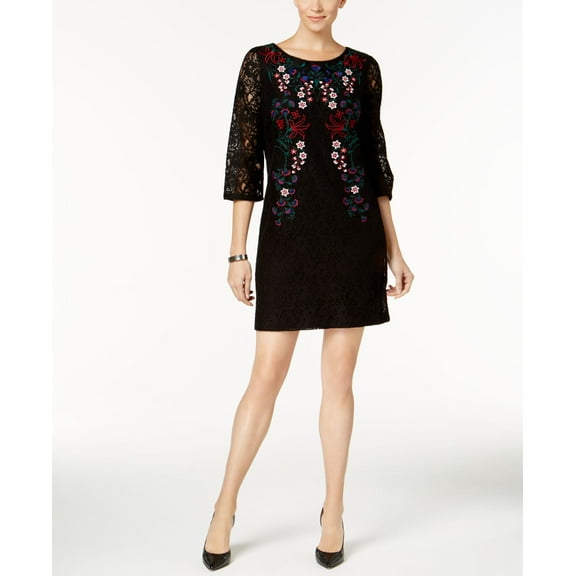 Charter Club Petite Embroidered Lace Dress Deep Black PXS