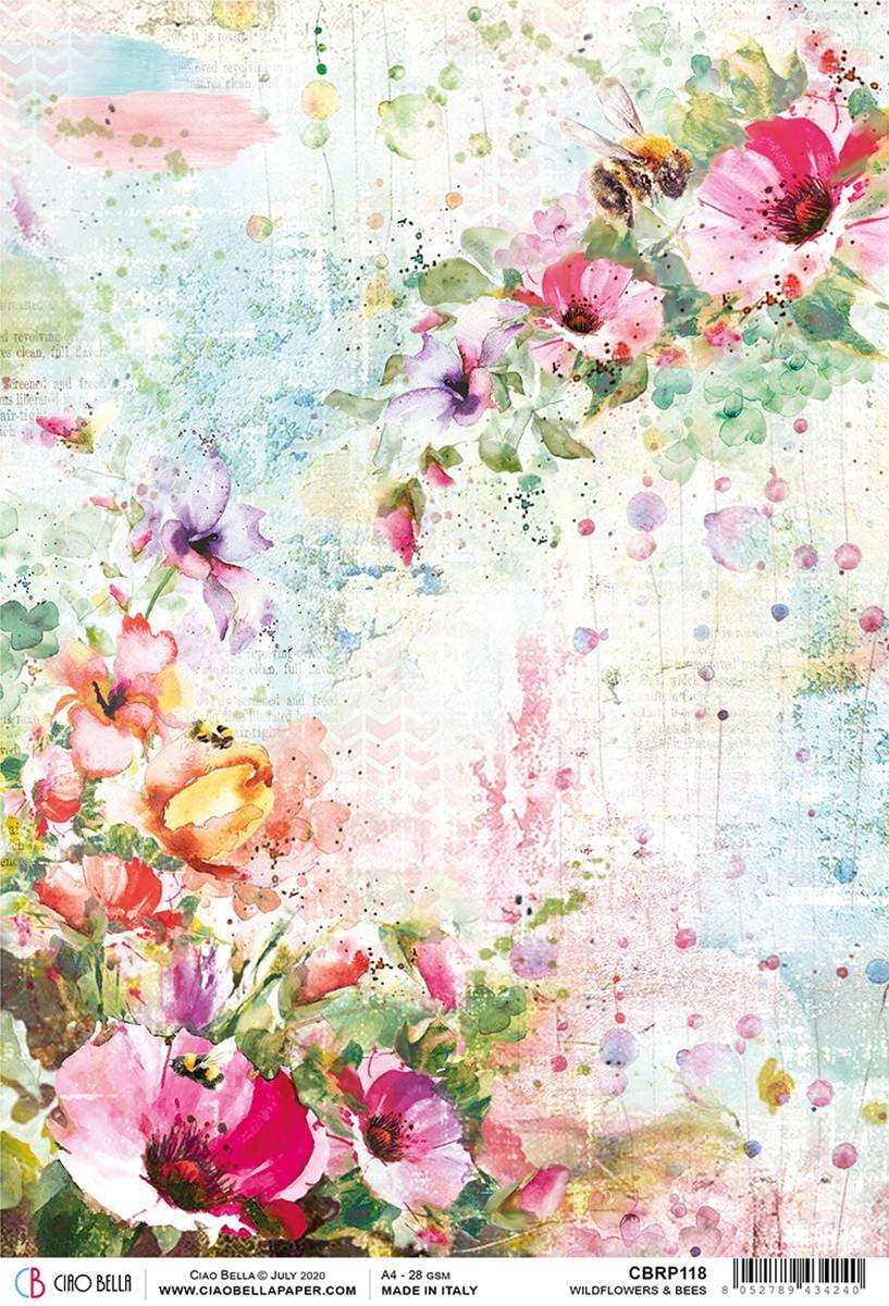 Ciao Bella Rice Paper Sheet A4 5/Pkg-Wildflowers & Bees, Microcosmos
