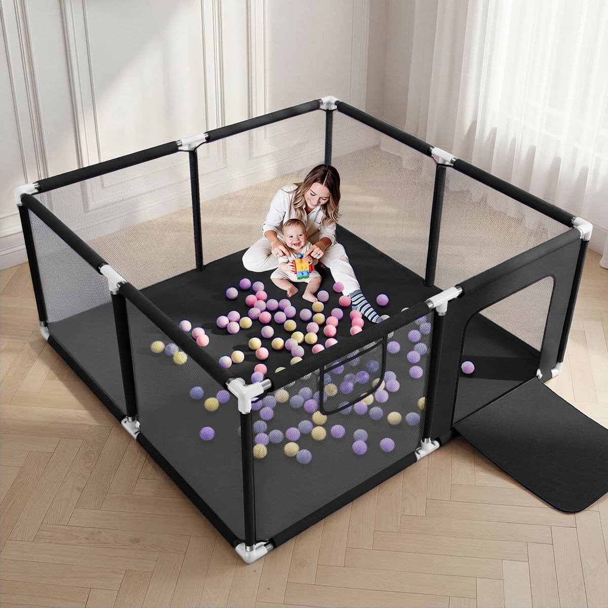 Baby Playpen, Outdoor Play Yard, Portable Play Yard 4-Panel- Baby Foldable Safety Playpen for Infant Toddler, Black