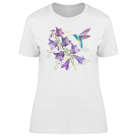 Smartprints Womens Graphic Tee White - Violet Flowers With Hummingbird 100% Cotton Regular Fit