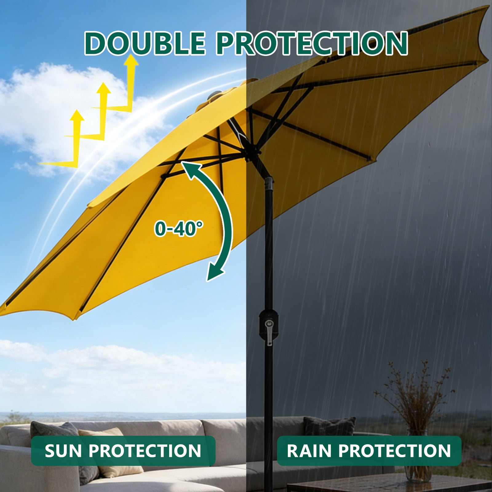 HaiCube 9FT Patio Umbrella -Acrylic Fabric, 10-Year Fade-Resistant, 1.5" Heavy Duty Steel Pole, 8 Ribs, Push Button Tilt & Crank, UV Block for Garden Deck Pool, Yellow