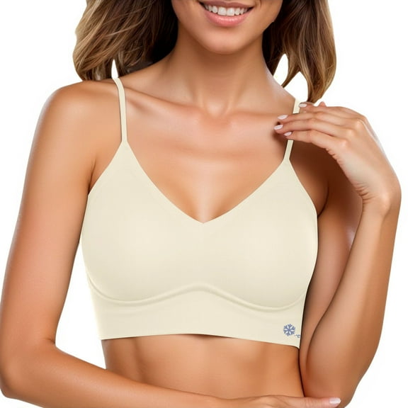 khonts,Women's Adjustable Thin Strap Bra Comfort Wireless Seamless Bras Embedded Padded V-Neck Bralettes Light Yellow XL