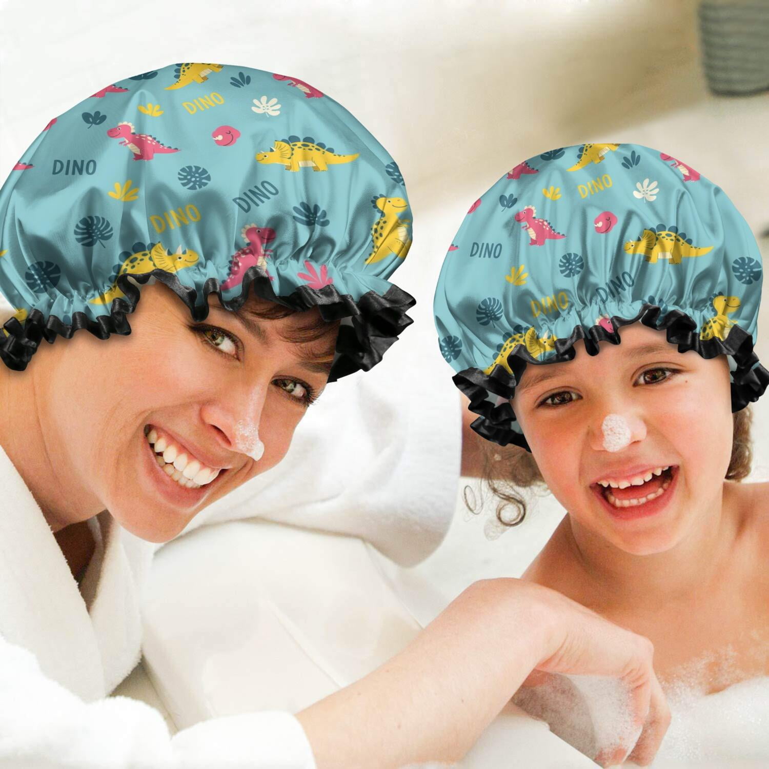 Shower Caps,Light Blue Dinosaurs Text Pattern Waterproof Shower Cap for Women 4 Pieces,Double Reusable Hair Cover for Shower PEVA Elastic Stretch Hem
