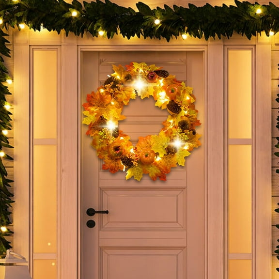 Yyuenw 18 Inch Fall Wreath with LED Pre- lit Autumn Wreath Decorations Harvest Farmhouse Wreath with Maple Leaf Pumpkins Pinecones Berries for Front Door Thanksgiving Halloween Decorations