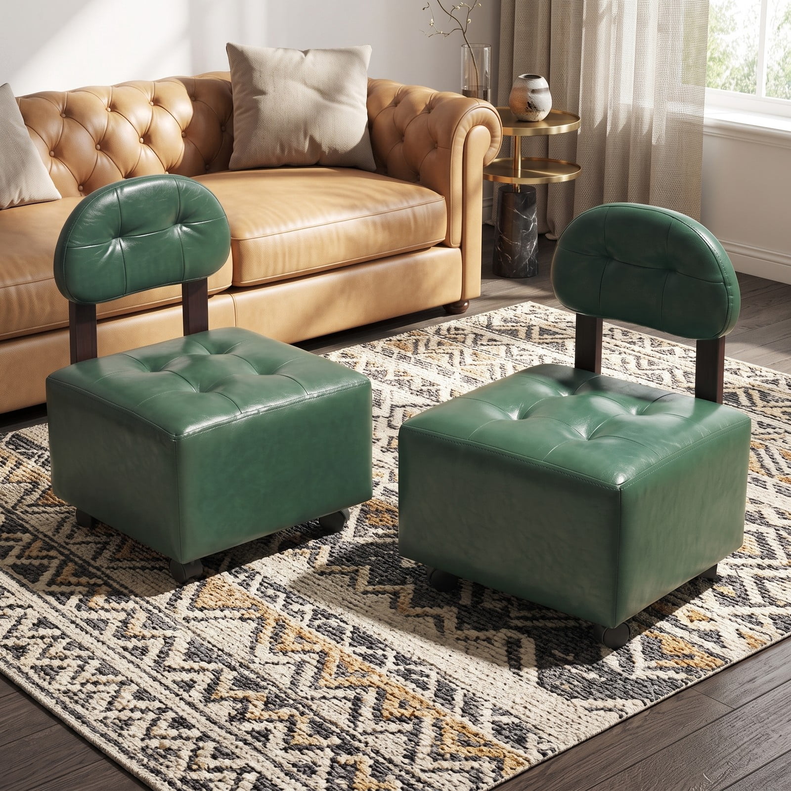 Furnibear Small Rolling Footrest Stool Set of 2 with Lockable Swivel Wheels, Faux Leather Backrest Footstool Ottoman for Living Room Bedroom Entryway, 330 lbs, Green