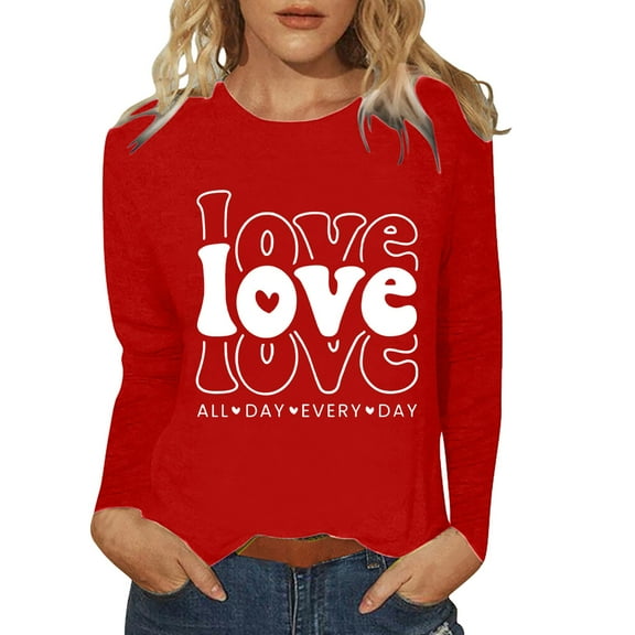 Ukumplol Womens Tops Valentines Day Womens Valentine's Day Graphic Tees Crewneck Shirts Lover Heart Printed Cute T Shirt Blouse Tops Love Heart Long Sleeve Shirts for Women Gold 1 L