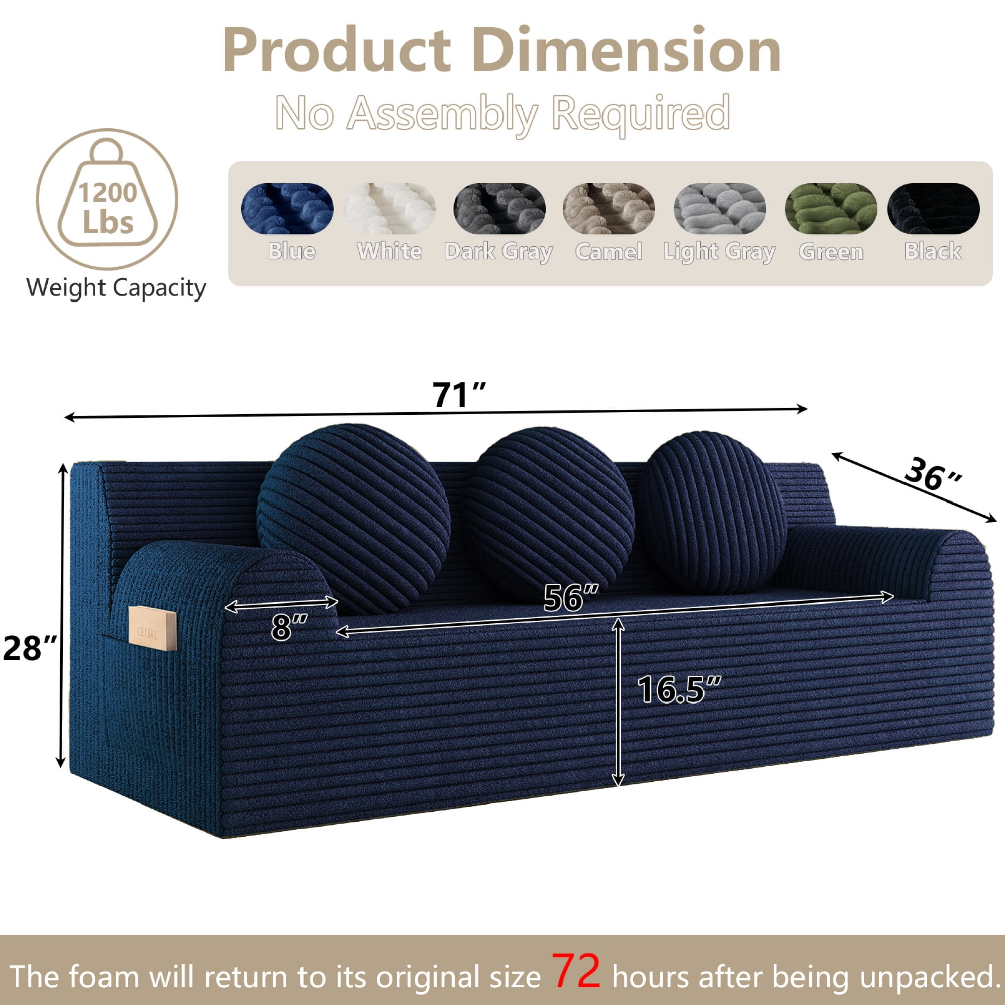 Leumius 3 Setaser Sofa,71" Corduroy Fabric Upholstered Loveseat Couch with Deep Seat for Living room,Bedroom,Apartment,No Assembly Required,Aged Blue