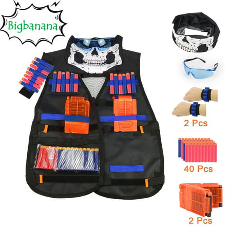 Kids Tactical Vest Kit for Boys, Children Elite Tactical Vest Kit For Nerf N-strike Elite Series with Quick Reload Clips + Hand Wrist Band + Protective Glass+Tactical Mask+40 Refill Bullet Soft