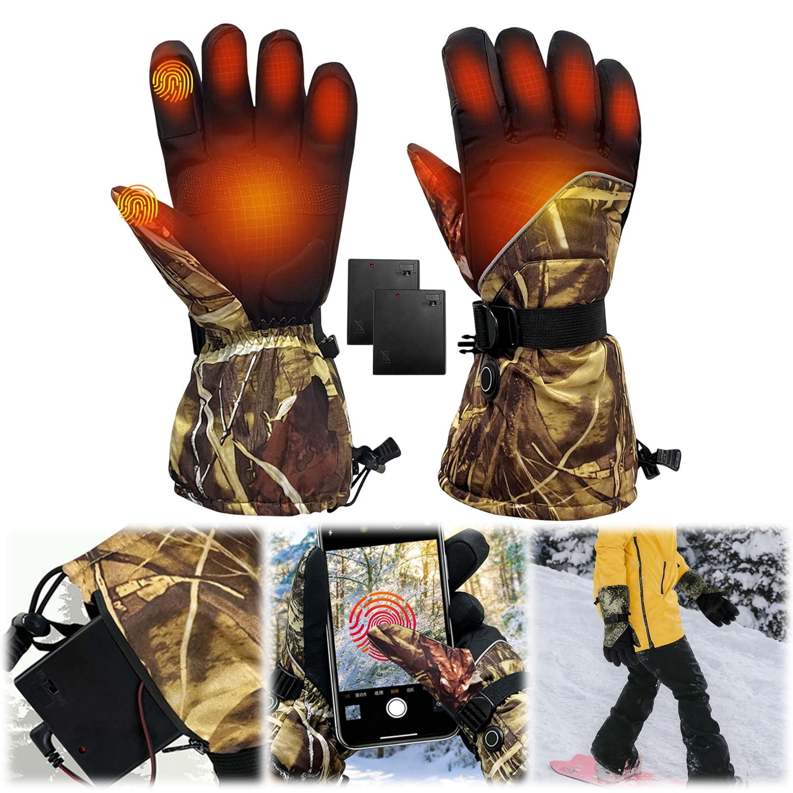 Heated Gloves for Men Women Winter Waterproof Touchscreen 3 Heating Levels Electric Hand Warmer for Skiing Hunting, 8 AA Batteries (Not Included)
