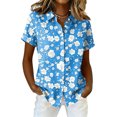 thumbnail image 2 of Women Summer Hawaii Shirts Soft Cool Floral Tropic Print Short Sleeve Button Up Tops T-Shirt Blue S, 2 of 5