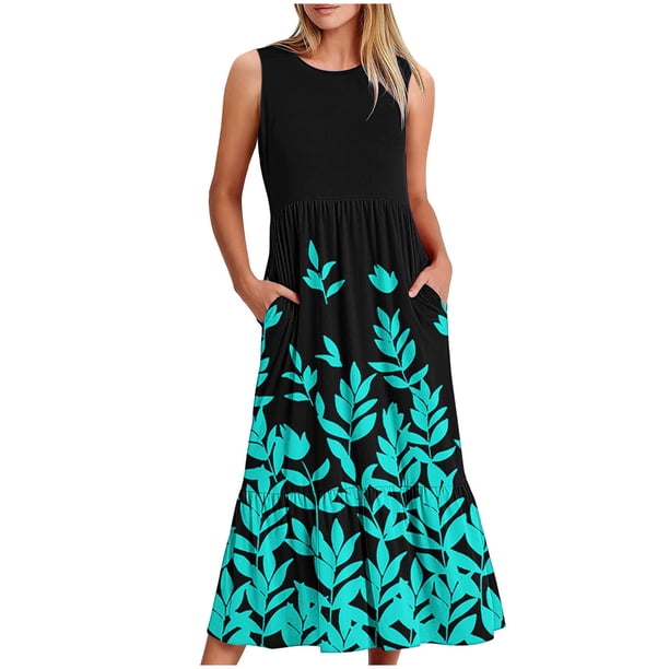 Vestido sin Mangas para Mujeres Vestido de Verano de Cuello Redondo Impreso, Poliéster de Tamaño Verdadero Diario Y Vestido de Fiesta
