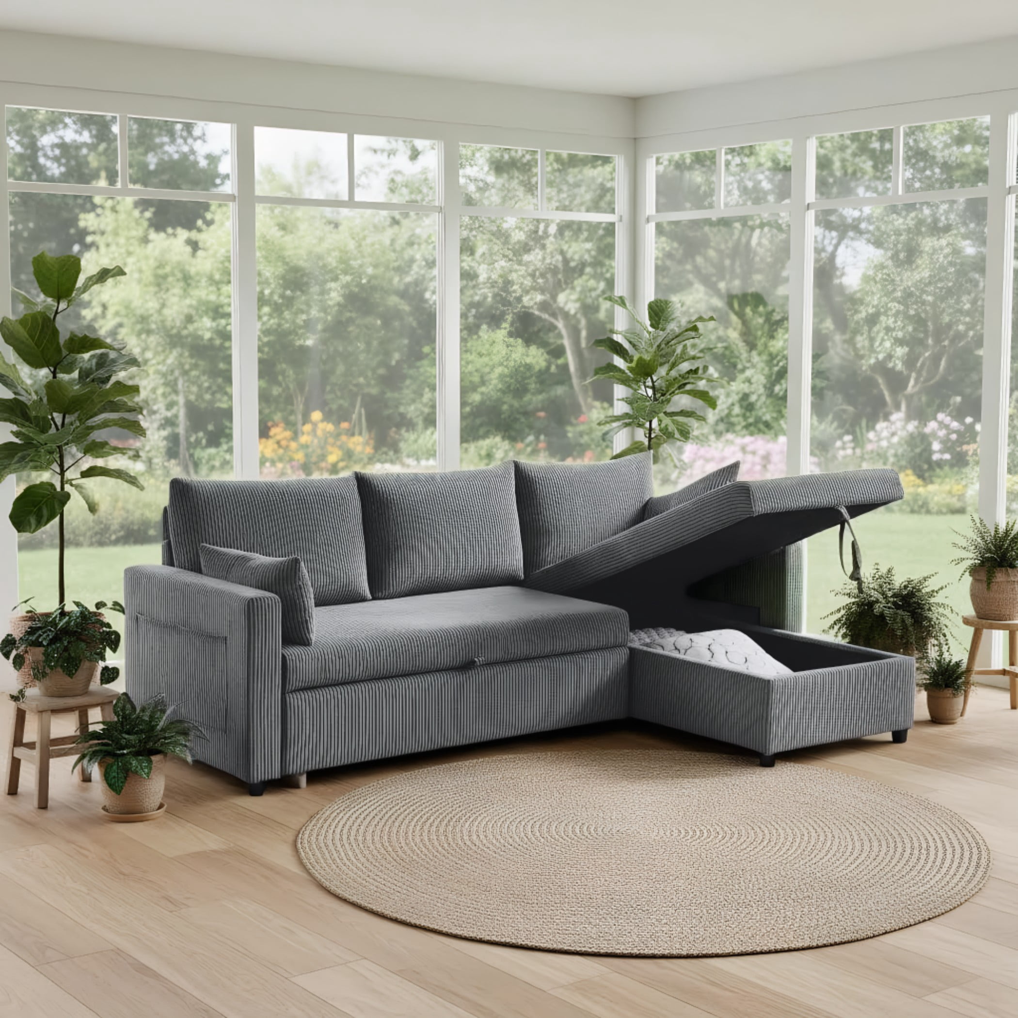 BSHTI 3-Seat Corduroy L-Shaped Pull-Out Sleeper Sofa Bed with Storage Chaise, Solid Wood Iron Frame for Living Room Apartment(Dark Gray)