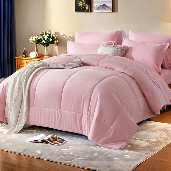 7Pcs Solid Color Comforter Collections - Stain‑Proof, Soft Microfiber, Lightweight - Bed in A Bag Queen Size for All Seasons Featuring 100% Microfiber Cover And 100% Polyester Filling