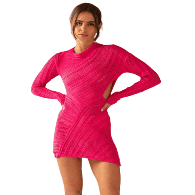 LYMAYTER Robe Mini en Tricot pour Femme à Manches Longues, Ajustée, Ajourée, Courte, pour Fête, Tailles P-2TG