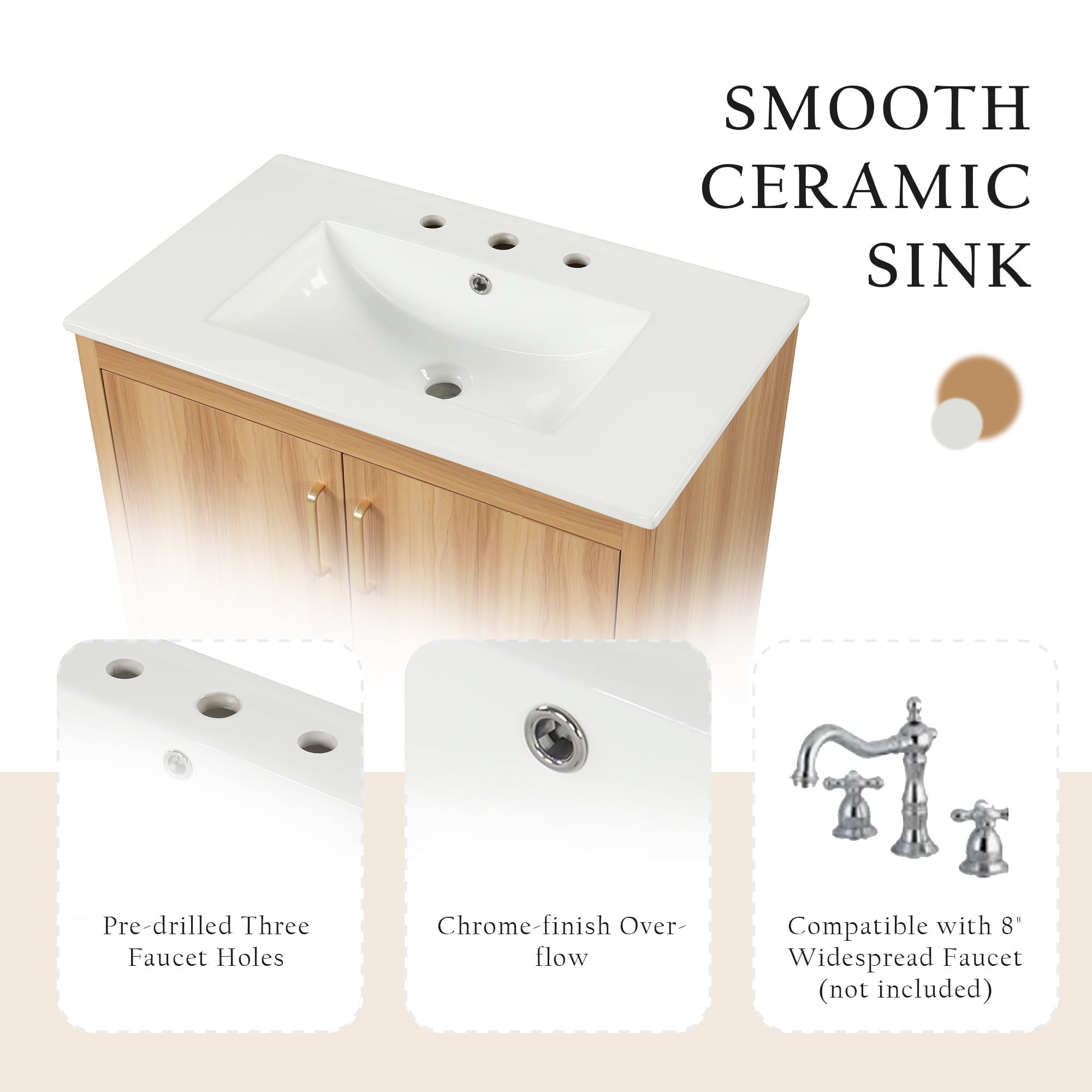 Harper & Bright Designs 30" Bathroom Vanity with Sink Combo, Multi-functional Bathroom Cabinet with Ceramic Top, Storage Doors and Drawer, Natural
