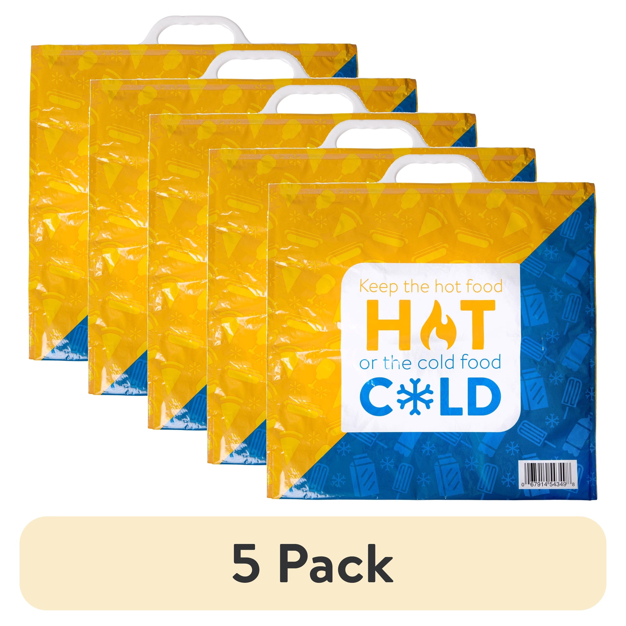 (5 pack) Walmart Insulated Reusable Shopping Bag Grocery Cooler Tote, Blue/Yellow