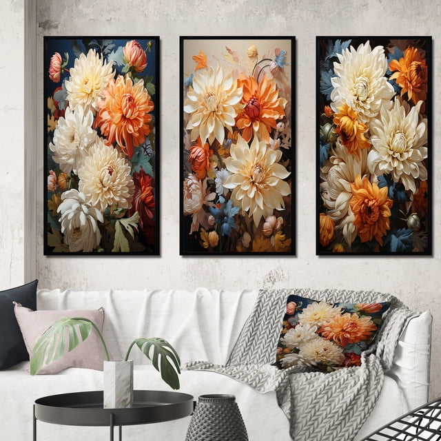 Designart "Chrysanthemums Autumn composition I" Floral & Botanical Framed Wall Art Set Of 3 - Beige Chrysanthemums Frame Gallery Set For Office Decor