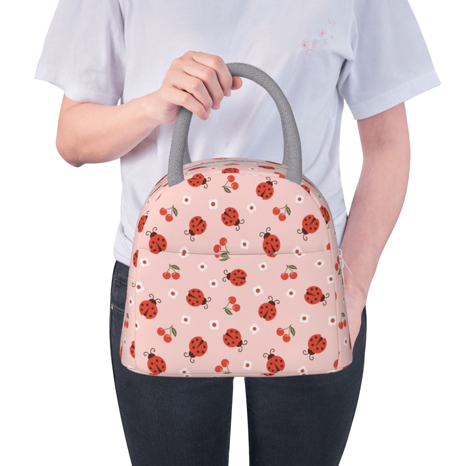 Horeoi Ladybug With Flower Pattern Large Insulated Lunch Bag for Work, School, Picnic - Waterproof, Durable Oxford Cloth, Comfortable Handle-Light Grey