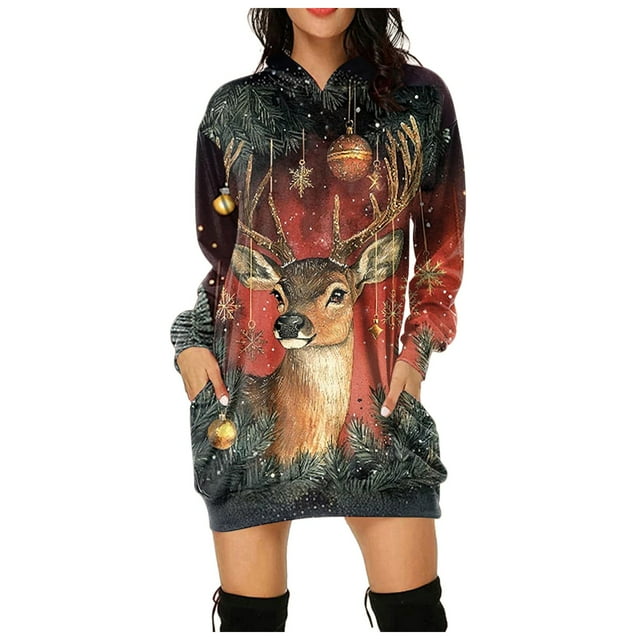 TJAZFJPA Robe Formelle Noire Robe Confortable pour Femmes Robe à Imprimé Vintage Chandails à Capuchon à Manches Longues Robes Midi à Manches Longues avec Poches Robe Mini Aguichant Robe Gainante