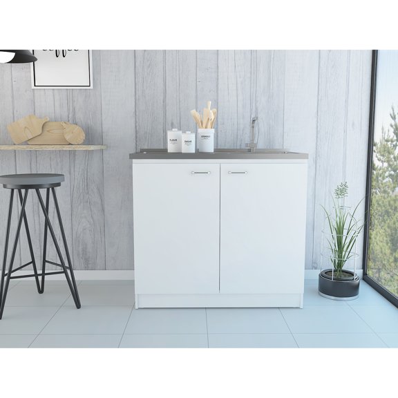 Modern Utility Sink With Stainless Steel Countertop And Double Door Storage Cabinet - Space Saving For Sleek Kitchen Look