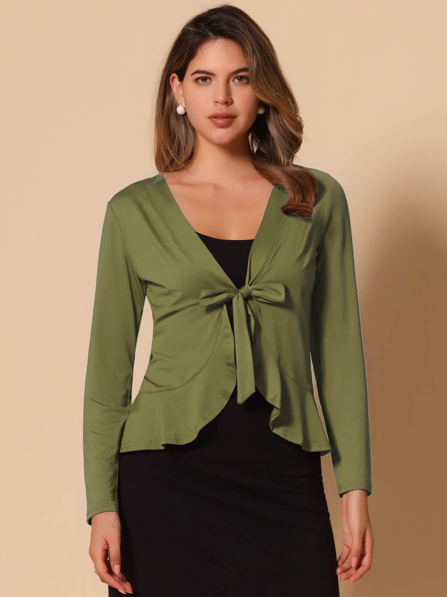 DARING DIVA Women's Tie Front Ruffled Hem Crop Knit Cardigan XL Olive Green