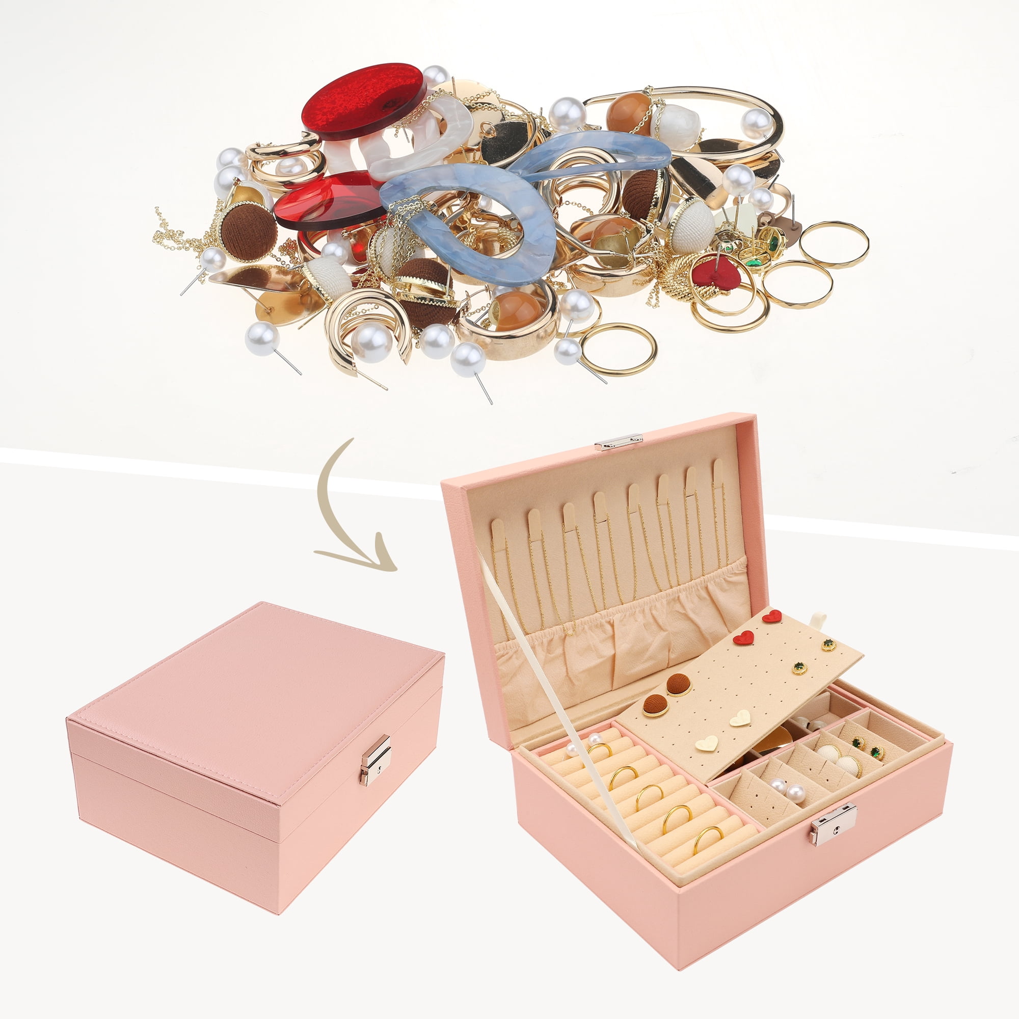 Unique Bargains Jewelry Box Small PU Leather Jewelry Organizer Case Storage Display Holder Pink
