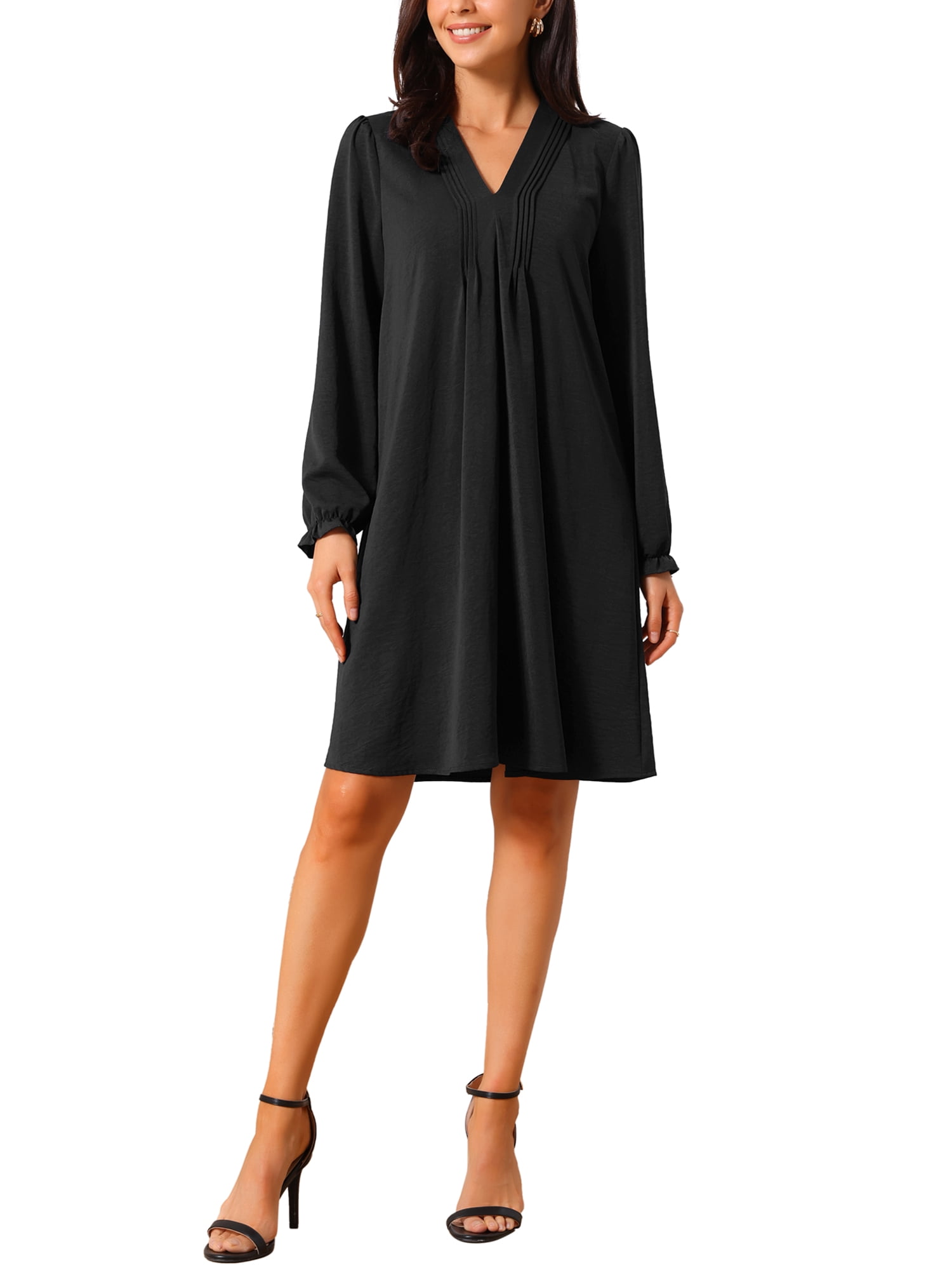 DARING DIVA Women's Casual Knee Length V Neck Pleated Flowy Shirt Dress XL Black