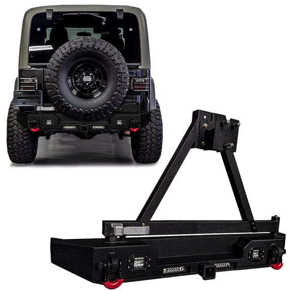 Vijay Compatible with 1997-2006 Jeep Wrangler TJ Rear Bumper Textured Black Steel with 4xLights and 2 x D-rings and Spare tire rack