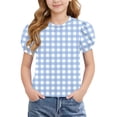 thumbnail image 2 of Bxsruta Girls Puff Sleeve Crew Neck Gingham Top Casual Short Sleeve Pullover for Ages 5-14, 2 of 8