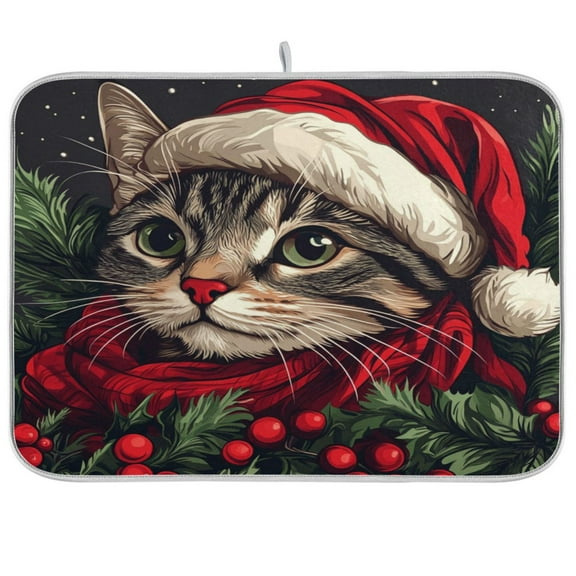 qxltty Red Hat Christmas Cat Kitchen Drying Mat Extremely Absorbent Microfiber Dish Mats for Plates Cutlery Pots and Pans 16×18in