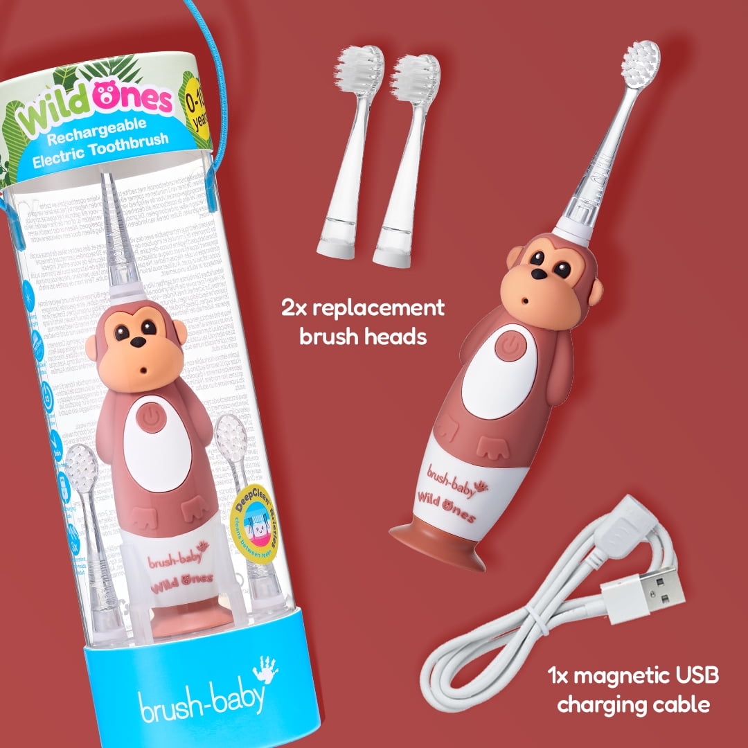 Brush-Baby WildOnes Monkey Kids Electric Rechargeable Toothbrush, Soft Bristle, 3 Brush Heads, USB Cable