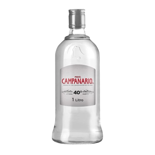 aguardiente pisco campanario 40° 1 l pisco campanario botella frontal de vidrio transparente 1 litro con etiqueta blanca y logo rojo "CAMPANARIO", indicación 40° y tapa metálica plateada sobre fondo blanco.