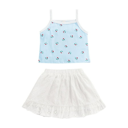 

Infant Baby Girls 2 Pieces Summer Vest Short Dress Set Floral Print Sleeveless Sling Tank Tops + Elastic Waist White Lace Skirt