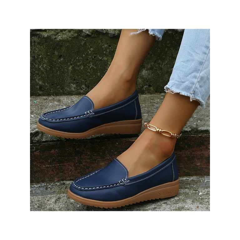 Women's Penny Loafers Comfy Slip on Boat Shoe Ladies Casual Flat Walking Work Shoes Size 4.5-8.5 Blue ９ - Walmart.com