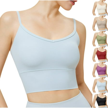 DDAPJ pyju Longline Sports Bra for Women Spaghetti Strap V Back Wireless Push Up Bras Padded Workout Cropped Tank Tops Fitness Yoga Camisole on Clearance Black L