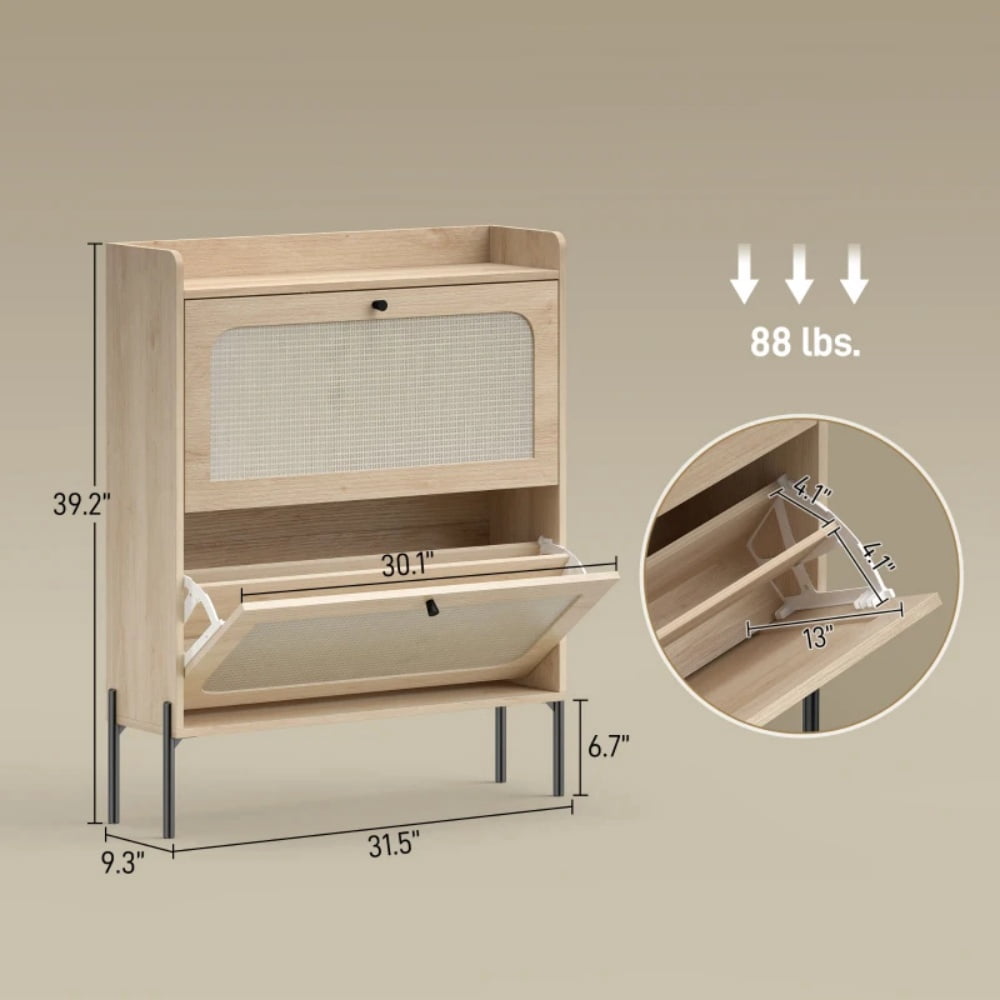 Rattan Door Slim Shoe Cabinet 31.5" Narrow Entryway Shoe Storage Bench Adjustable Shelves Oak & Black Hallway Organizer with Anti-Tipping Design